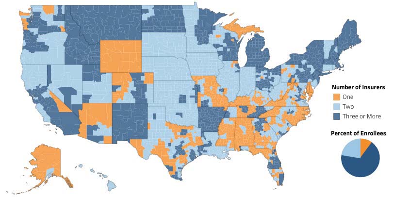 US map depicting insurer participation on the aca marketplace in 2020
