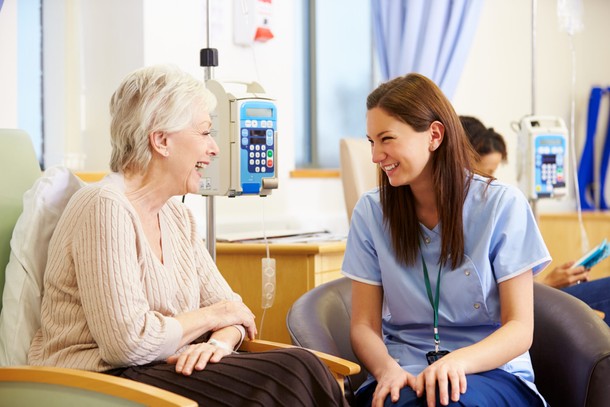 Senior Woman Undergoing Chemotherapy With Nurse